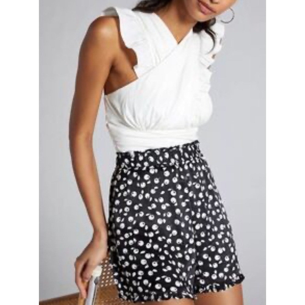 Anthropologie Maeve Black White Cherry Print Ruffle Shorts XS Women High Rise‎